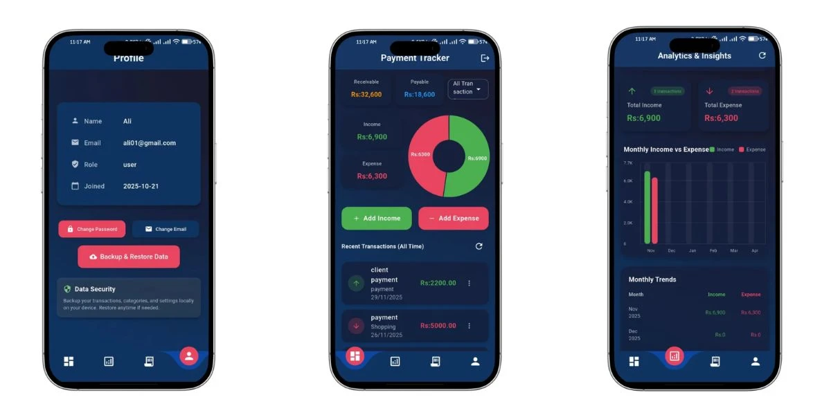 Expense Manager App Dashboard - Income and expense tracking interface