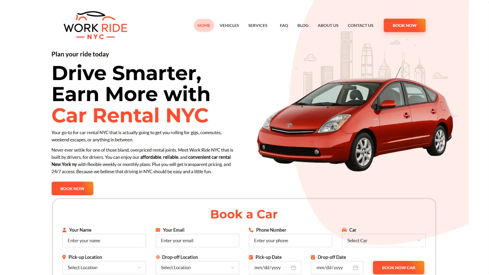 Work Ride NYC car rental and booking website built with WordPress and Elementor