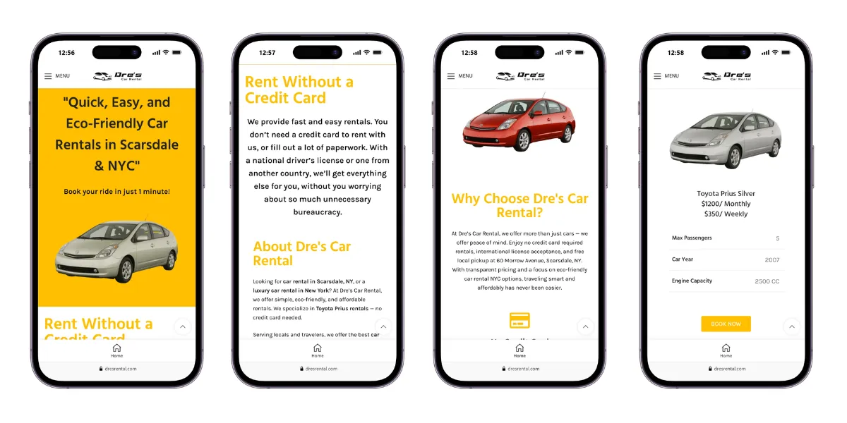 Dre's Car Rental responsive mobile booking website view