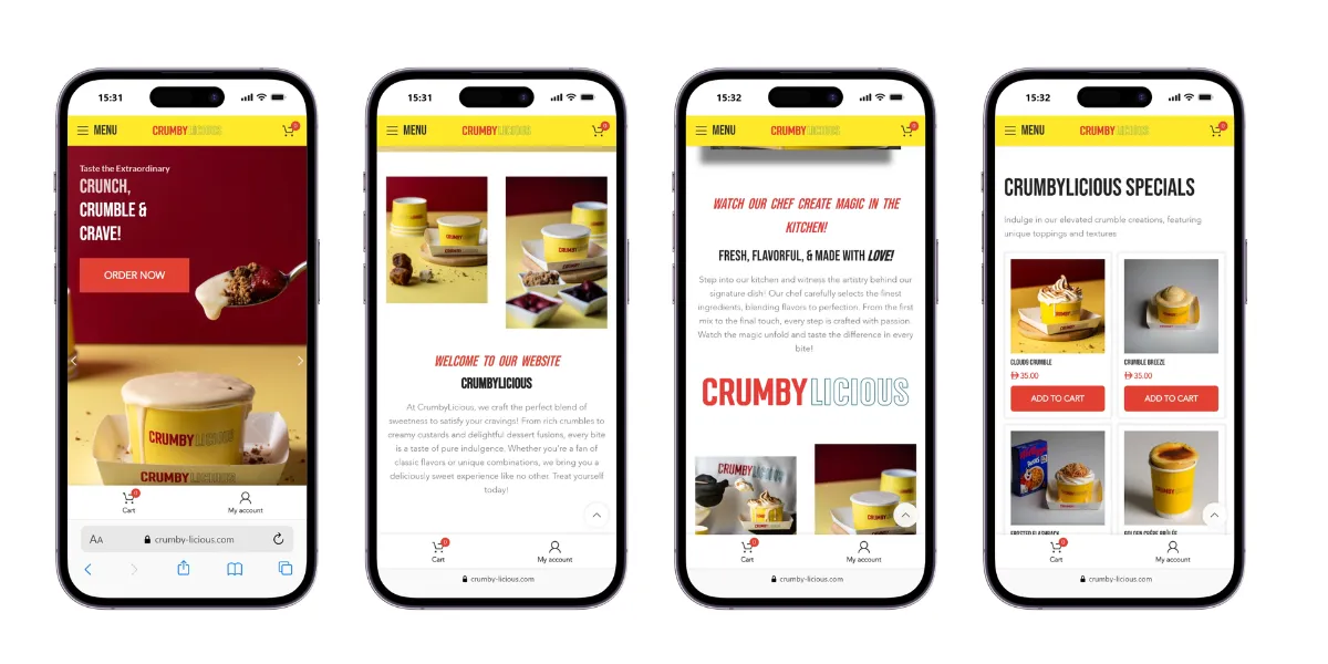 CrumbyLicious Dubai responsive mobile dessert ordering website view